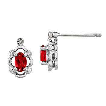 Diamond Accent & Oval Lab Created Ruby Sterling Silver Stud Earrings