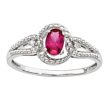 Womens Lab-Created Red Ruby and Diamond Accent Ring in Sterling Silver