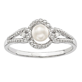 Womens Diamond Accent White Cultured Freshwater Pearl Sterling Silver Halo Cocktail Ring