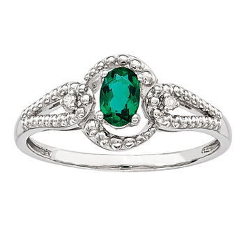 Womens Diamond Accent Lab Created Emerald Sterling Silver Halo Ring