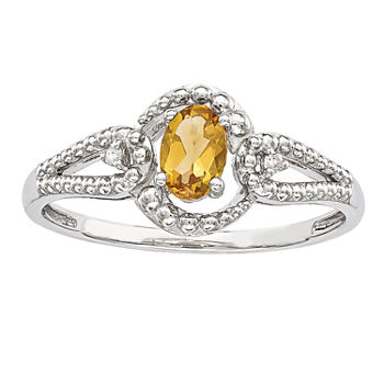 Womens Diamond Accent Genuine Yellow Citrine Sterling Silver Halo Cocktail Ring