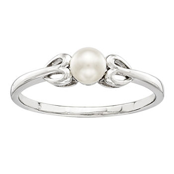 Womens 4MM White Cultured Freshwater Pearl Sterling Silver Delicate Cocktail Ring