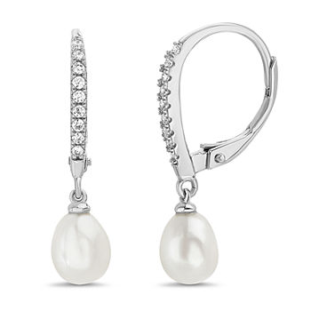 Silver Treasures Cubic Zirconia Simulated Pearl Sterling Silver Round Drop Earrings