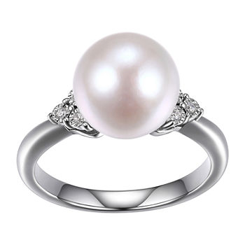 Womens Diamond Accent 10-11MM Genuine White Cultured Freshwater Pearl Sterling Silver Cocktail Ring