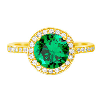 Silver Treasures Lab Created Emerald 14K Gold Over Silver Sterling Silver Halo Engagement Ring