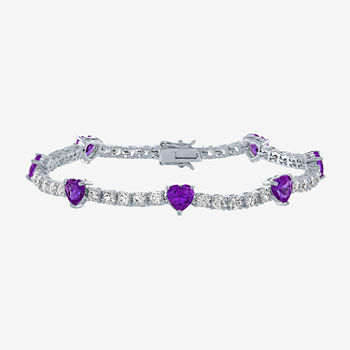 Genuine Purple Amethyst Pure Silver Over Brass Heart Tennis Bracelet