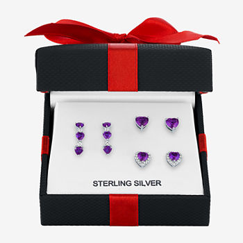 Lab Created Purple Amethyst Sterling Silver Heart Earring Set