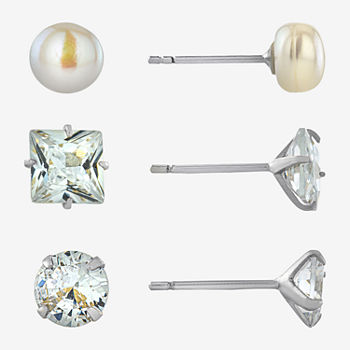 Silver Treasures 3 Pair Cubic Zirconia Simulated Pearl Earring Set