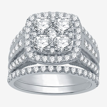 Ever Star Womens 3 CT. T.W. Lab Grown White Diamond 10K White Gold Cushion Side Stone Halo Bridal Set