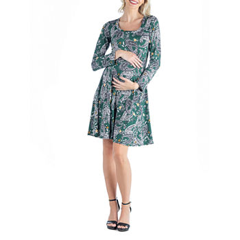 24/7 Comfort Apparel Long Sleeve Paisley A-Line Dress Maternity