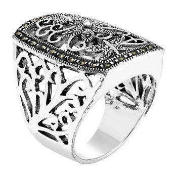 Sparkle Allure Marcasite Pure Silver Over Brass Rectangular Cocktail Ring