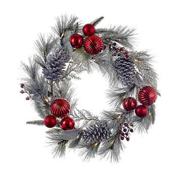 Kurt Adler Battery Operated Red Berries Balls And Silver Pinecone Wreath