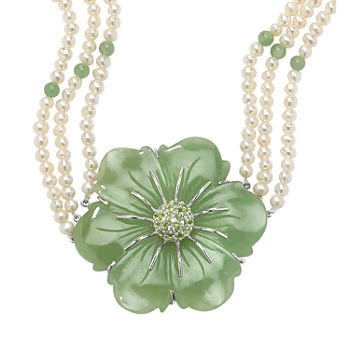 Womens Genuine Green Jade Sterling Silver Flower Collar Necklace