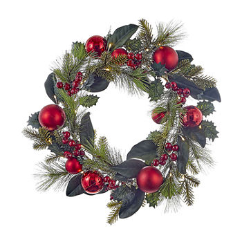 Kurt Adler Battery-Operated Red Berries And Balls Led Wreath