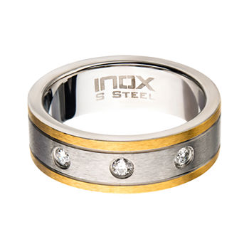 Inox Mens Jewelry 8MM 1/10 CT. T.W. Genuine White Diamond Stainless Steel Round Wedding Band