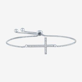 Sideways Lab Created White Sapphire Sterling Silver Cross Bolo Bracelet