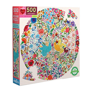 Eeboo Piece And Love Blue Bird Yellow Bird 500 Piece Adult   Round Jigsaw Puzzle