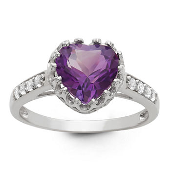 Womens Genuine Purple Amethyst Sterling Silver Heart Cocktail Ring