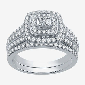 Womens 1 CT. T.W. Genuine White Diamond 10K White Gold Cushion Side Stone Halo Bridal Set
