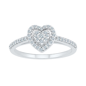 Womens 1/4 CT. T.W. Genuine White Diamond 10K White Gold Heart Cluster Cocktail Ring