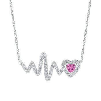 Heartbeat Womens Lab Created Pink Sapphire Sterling Silver Heart Pendant Necklace