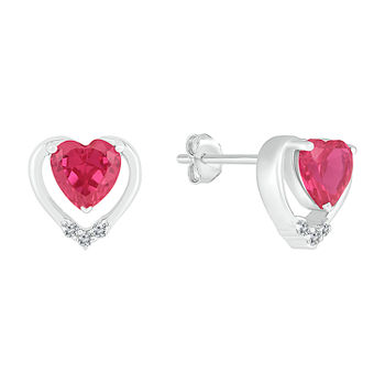 Lab Created Red Ruby Sterling Silver 8mm Heart Stud Earrings