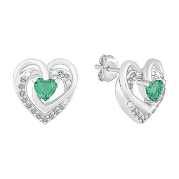 Lab Created Green Emerald Sterling Silver 12mm Heart Stud Earrings