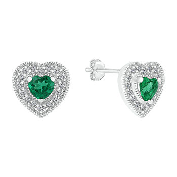 Lab Created Green Emerald Sterling Silver 9.5mm Heart Stud Earrings