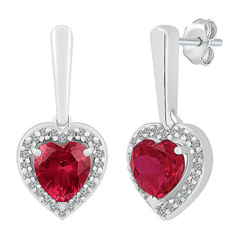 Lab Created Red Ruby Sterling Silver Heart Drop Earrings
