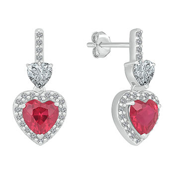 Lab Created Red Ruby Sterling Silver Heart Drop Earrings