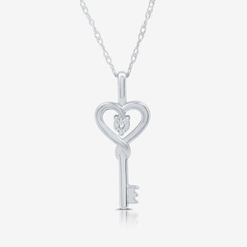 Limited Time Special! Womens Diamond Accent Genuine White Diamond Sterling Silver Heart Keys Pendant Necklace