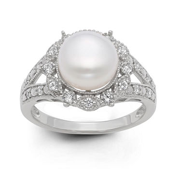 Cultured Freshwater Pearl & Lab-Created White Sapphire Sterling Silver Ring