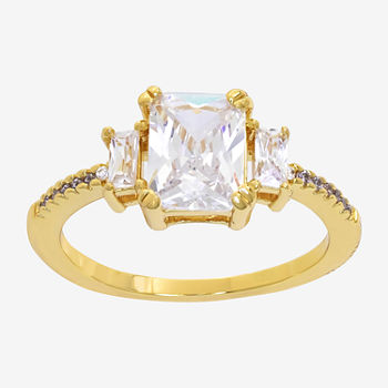 Sparkle Allure Cubic Zirconia 14K Gold Over Brass Rectangular 3-Stone Side Stone Engagement Ring