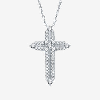 Womens 1 CT. T.W. Lab Grown White Diamond Sterling Silver Cross Pendant Necklace