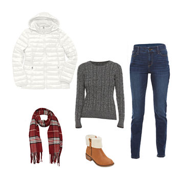 Packs a Punch: St. John’s Bay Packable Puffer Jacket, Scarf, Sweater, Skinny Jeans & Booties