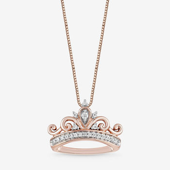 Enchanted Disney Fine Jewelry Womens 1/10 CT. T.W. Genuine White Diamond 10K Rose Gold Over Silver Crown Princess Pendant Necklace