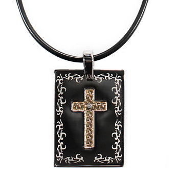 Mens Stainless Steel & 18K Gold Diamond-Accent Cross Dog Tag Pendant Necklace