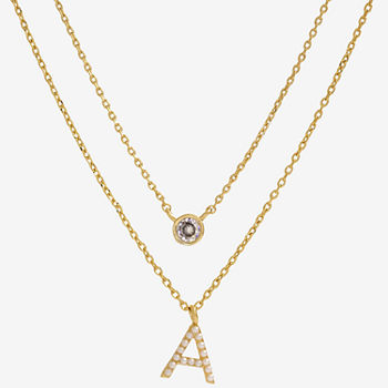 Sparkle Allure Initial Cubic Zirconia Simulated Pearl 14K Gold Over Brass 16 Inch Link Strand Necklace
