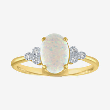 Womens Lab Created White Opal 10K Gold Cocktail Ring