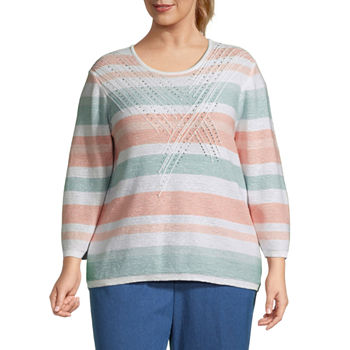 Alfred Dunner Plus Peachy Keen Womens Round Neck Embellished 3/4 Sleeve Striped Pullover Sweater