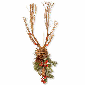 National Tree Co. Handcrafted Wood Deer With Pine Cones Christmas Animal Figurines