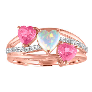 Lab-Created Opal and Pink & White Sapphire 14K Gold over Silver Triple Heart Ring