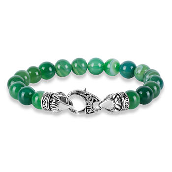 Genuine Green Agate Stainless Steel Beaded Bracelet