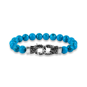 Mens Simulated Turquoise Stainless Steel Beaded Bracelet
