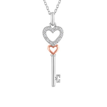 "Love" Womens Diamond Accent Genuine White Diamond Sterling Silver Heart Keys Pendant Necklace