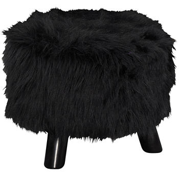 16" Wide Black Faux Fur Upholstered Foot Stool