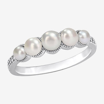 Womens Diamond Accent 4.5MM White Cultured Freshwater Pearl 14K White Gold Cocktail Ring