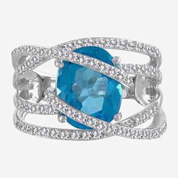 Womens Genuine Blue Topaz & Lab-Created White Sapphires Sterling Silver Cocktail Ring