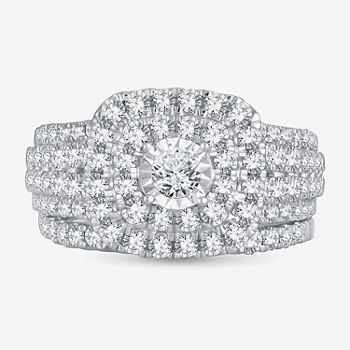 2 CT. T.W. Diamond Cushion Shape Side Stone Halo Bridal Set in 10K or 14K White Gold