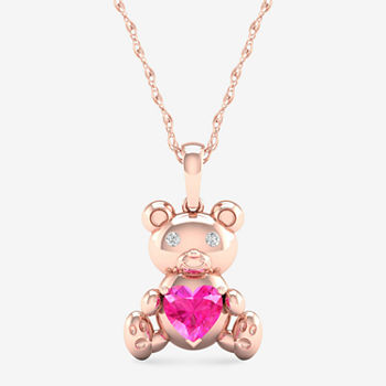 Gender Reveal Teddy Bear Womens Lab Created Pink Sapphire 14K Rose Gold Over Silver Pendant Necklace